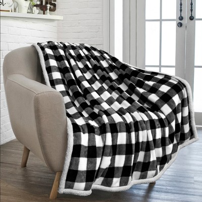 Black and White Buffalo Plaid Sherpa Fleece Throw Blanket