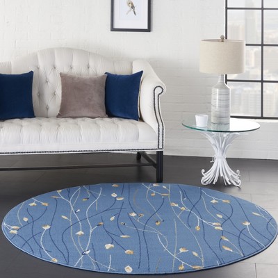 Light Blue Floral Round Synthetic Area Rug 5'3"
