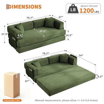 Dimensions diagram of green sofa bed with measurements