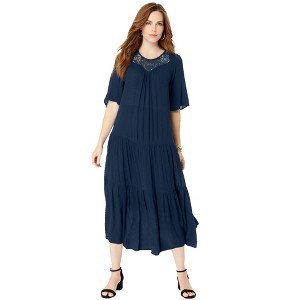 Roaman's Women's Plus Size Crochet Neck Dress - 1 of 4