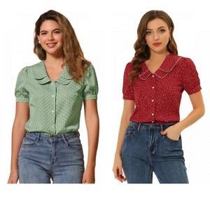 INSPIRE CHIC Women's Vintage Polka Dots Peter Pan Collar Puff Short Sleeve Shirt 2 Packs - 1 of 4