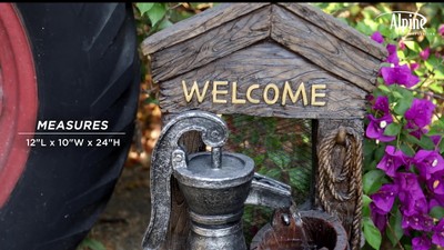 24" Rustic Brown Polyresin Barrel Fountain with Welcome Sign