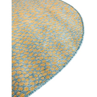 Round Blue and Yellow Stain-Resistant Outdoor Rug