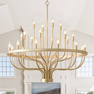 BAOURE Large Black Wagon Wheel Chandeliers 39 Inch, 24 Light Modern Farmhouse Chandelier, Rustic Round Candle chandelier for Dining Room Living Room - 1 of 4