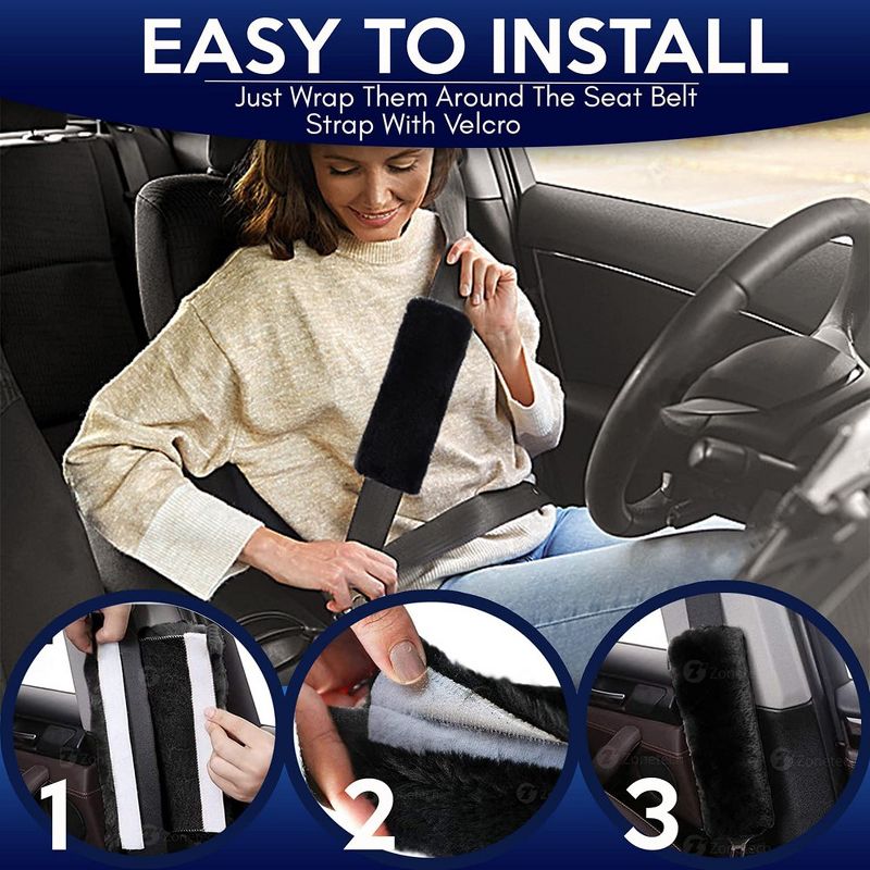 Zone Tech Car Soft Faux Sheepskin Seat Belt Comfortable Shoulder Pad Gray or Black, 3 of 7