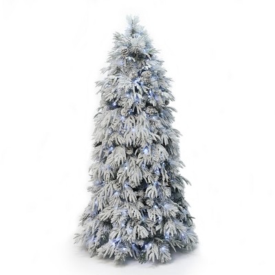 LuxenHome 6Ft Pre-Lit Full Snowy Branches Artificial Pine Christmas Tree with Pinecones and Stand Green