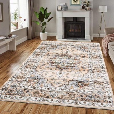 9x12 Large Area Rug, Machine Washable Rugs for Bedroom, Vintage Distressed Accent Rug, Stain Resistant Throw Kitchen Rugs with Non Slip Backing