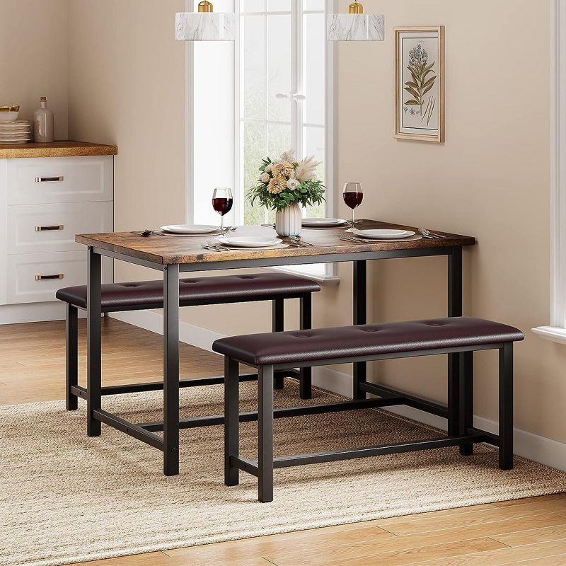 Farmhouse Dining 4 Kitchen Table Set with 2 Benches, Retro Gray, 4 of 8