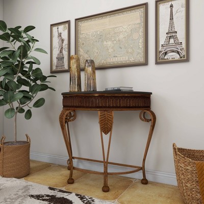 Gold Metal Demilune Console Table with Ornate Scroll Legs
