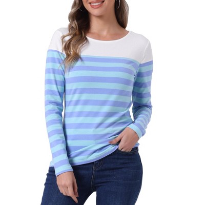 INSPIRE CHIC Women's Color Block Round Neck Long Sleeves Striped Basic T-Shirt
