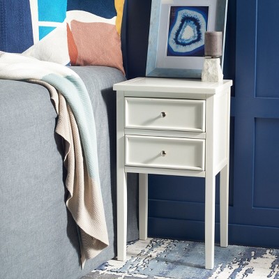 Transitional White Poplar Wood Nightstand with Metal Pulls and Storage