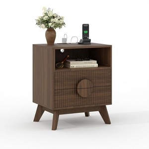COZONY Modern Fluted Nightstand with Charging Station, Wood Bedside Table with Drawers & Storage Shelf for Living Room Bedroom - 1 of 4