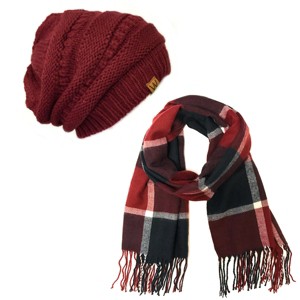 Wrapables Plaid Print Long Scarf and Beanie Hat Set, Navy and Wine Set - 1 of 4