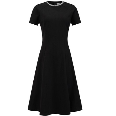 INSPIRE CHIC Women's Elegant A-Line Crew Neck Beaded Decor Short Sleeve Work Cocktail Flare Dress
