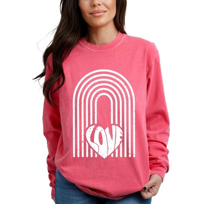 Simply Sage Market Rainbow Love Heart Distressed Garment Dyed Long Sleeve - L - Crunchberry