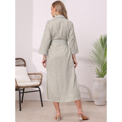 Женские платья INSPIRE CHIC Women's Casual Turndown Collar Stripe 3/4 Sleeve Button Down Split Belted Midi Shift Dress Small Khaki — фото 3
