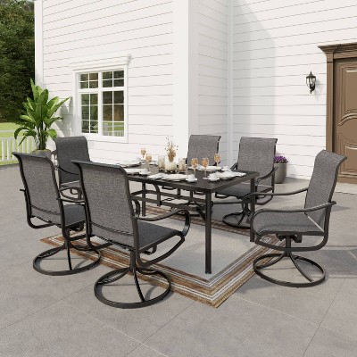 7pc Outdoor Dining Set with Swivel Sling Chairs & Large Metal Rectangle Table with Umbrella Hole - Gray - Captiva Designs