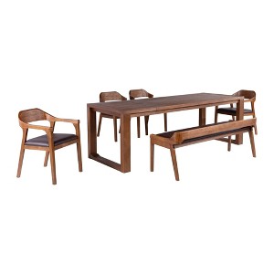 Boraam 6pc Rasmus Extendable Dining Table Set Chestnut Wire-Brush: Modern Style, Faux Leather Bench & Chairs - 1 of 4