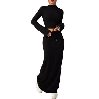 Women's 2 Pieces Outfits Set Long Sleeve T-Shirts Tops Bodycon Skirts Sexy Nightclub Party Dress