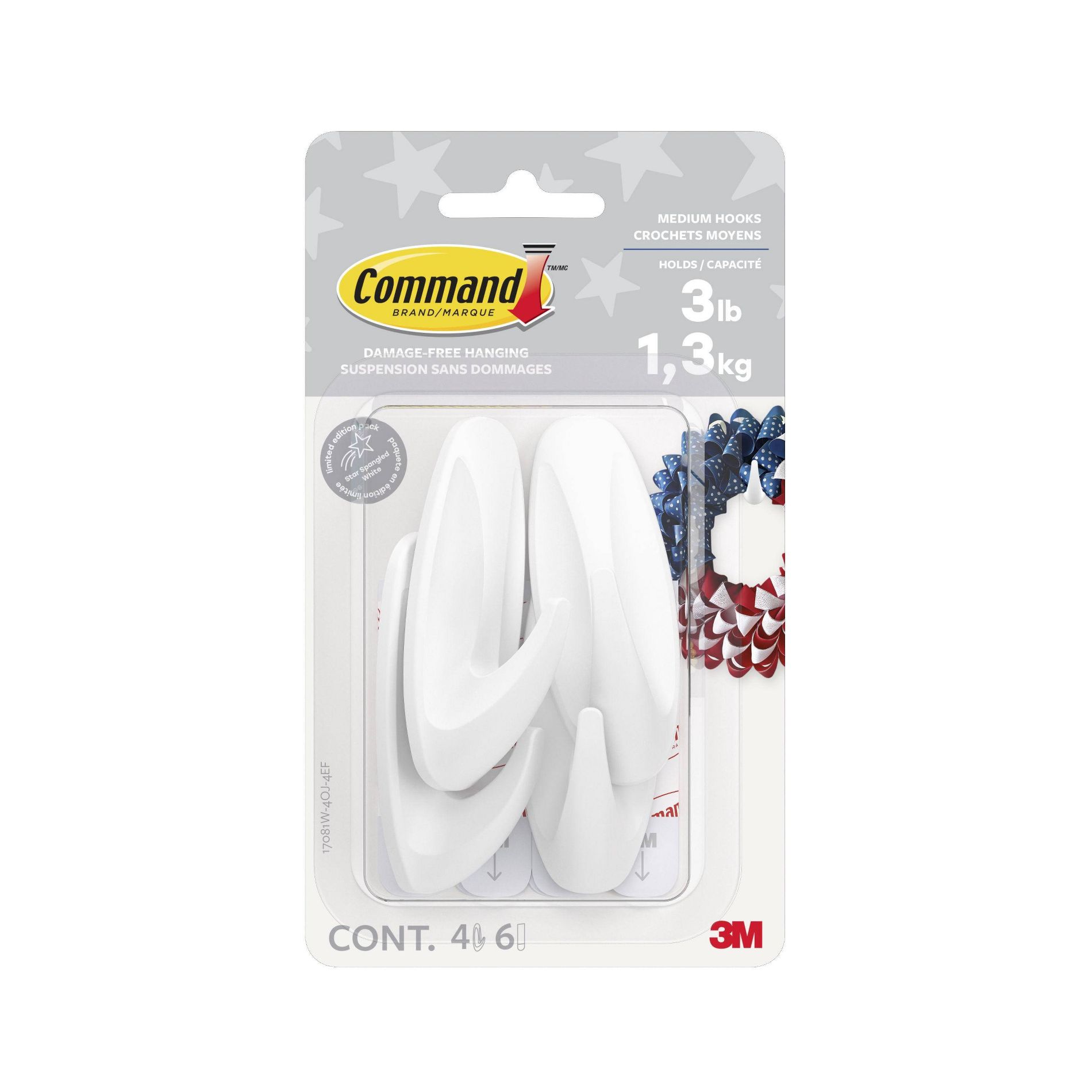 Command 4pk Damage-Free Hanging Medium Designer Hooks with 6 Adhesive Strips White