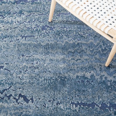 Blue Rectangular Viscose and Silk Area Rug