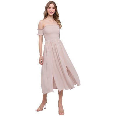 Slickblue Flowy Off-the-Shoulder Dress - Pale Taupe with Smocked Bodice and Side Slits, Sizes S, M, L