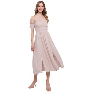 Slickblue Flowy Off-the-Shoulder Dress - Pale Taupe with Smocked Bodice and Side Slits, Sizes S, M, L - 1 of 4