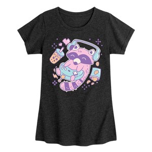 Girls' - Instant Message - Kawaii Raccoon Gamer with Boba Tea Fitted Short Sleeve Graphic T-Shirt - 1 of 4