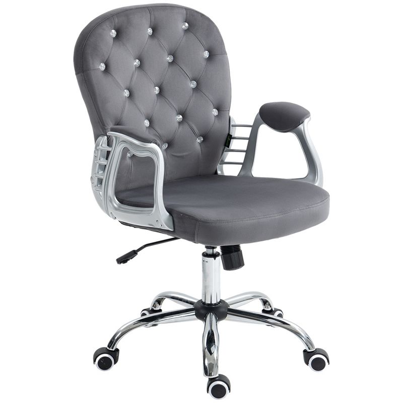 Vinsetto Vanity Velvet Mid Back Office Chair Swivel Tufted Backrest Task Chair with Padded Armrests, Adjustable Height, Rolling Wheels, Dark Gray, 4 of 7