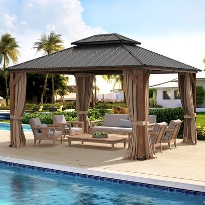 Arceso Hardtop Gazebos, Aluminum Frame Permanent Pavilion with Curtains and Netting, Double Galvanized Steel Roof Gazebo Outdoor, Metal Gazebo Canopy