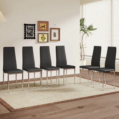 Set of 6 PU Leather Dining Chairs with Diamond-Patterned Backrest, Padded Seat, and Sturdy Metal Legs for Dining Room or Kitchen-Coolbibila