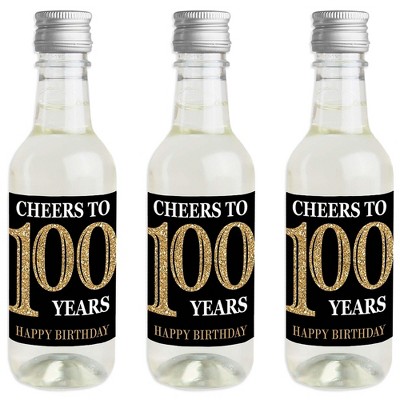 Big Dot of Happiness Adult 100th Birthday - Gold - Mini Wine & Champagne Bottle Label Stickers - Birthday Party Favor Gift for Women & Men - Set of 16