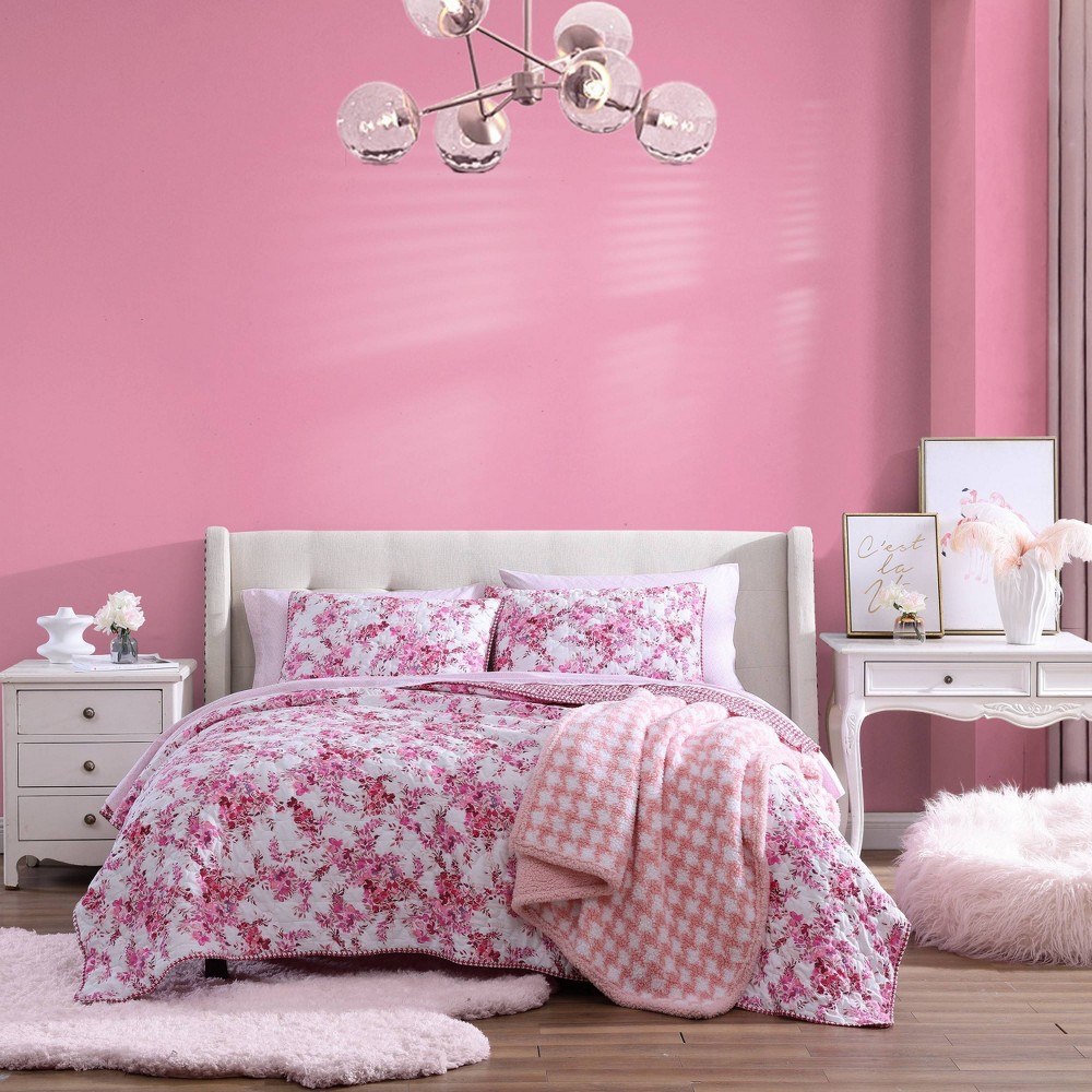 Photos - Bed Linen Betsey Johnson 3pc Full/Queen Floral Vineyard Polyester Quilt Set Pink - Betseyville: Microfiber, OEKO-TEX Certified, Includes Shams 