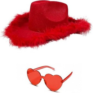 4E's Novelty Red Cowboy Hat with feathers With Heart Shaped Sunglasses for Women, Cowgirl Hat for Women Party Dress Up (Red) - 1 of 4