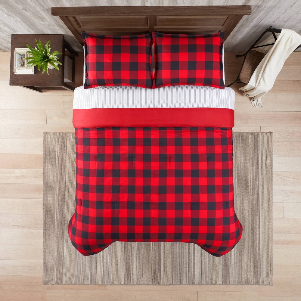 Photos - Bed Linen Serta 7pc Full Alex Buffalo Check Plaid Antimicrobial Bedding Set Red/Black - : Includes Sheets, Shams & Comforter 