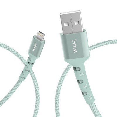 iHome 6ft Lightning to USB-A Cable, Durable Nylon Braid, Durastrain Reinforced Neck, Mint