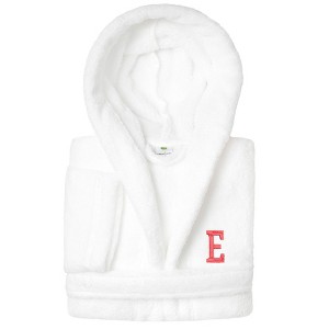 Personalized Linum Kids 100% Polyester SUPER PLUSH Double Brushed Hooded Bathrobe in Pink Bookman Font - 1 of 3