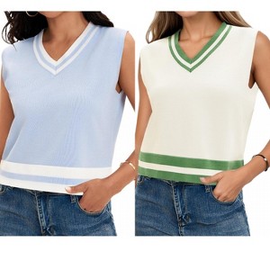 ATHLECHIC Women's Summer Knit Color Block Sleeveless V Neck Loose Fit Preppy Trendy Tank Tops 2 Packs - 1 of 4