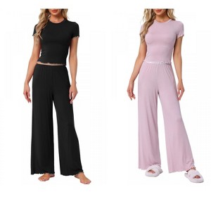 INSPIRE CHIC Women's 2 Pcs Knitted Short Sleeve Top Ruffled Long Wide Leg Pants Pajama Suits - 1 of 4