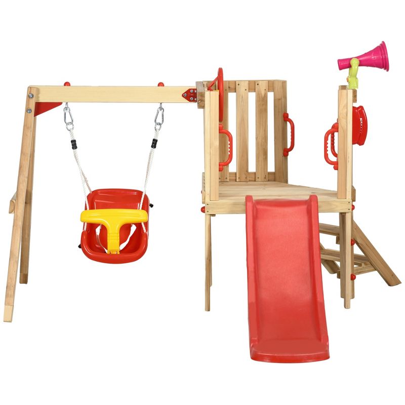 Outsunny 4-in-1 Wooden Swing Set, Kids Outdoor Playset with Swing, Slide, Horn, Steering Wheel, Toddler Playground Set for 18-48 Months, Red, 4 of 7