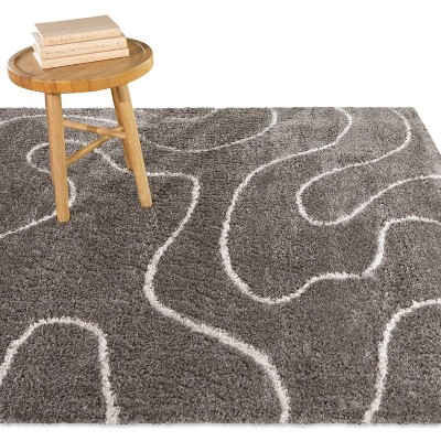 Charcoal and Cream Synthetic Stain-Resistant Stripe Area Rug