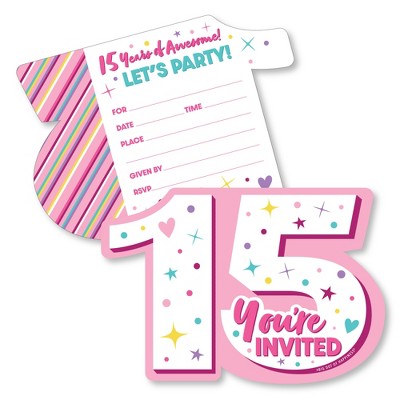 Big Dot of Happiness Girl 15th Birthday - Shaped Fill-In Invitations - Teen Birthday Party Invitation Cards with Envelopes - Set of 12