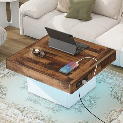 KTMBDW Coffee Table with LED Lights and 2 USB Ports, Farmhouse Coffee Table with Charging Station and Outlets for Living Room, 31.4'' x 31.4''