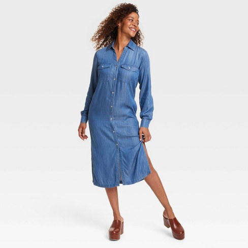 Women's Long Sleeve Denim Shirtdress - Knox Rose™ Indigo XL