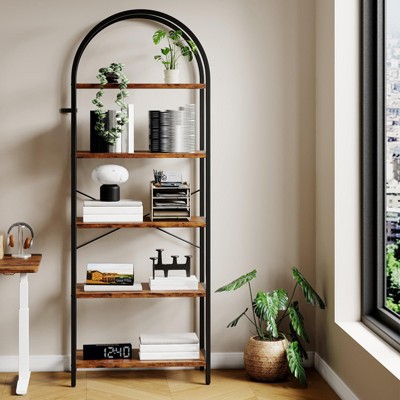 Bookshelf 6 Tiers, Modern Arched Display Rack - Tall Standing Metal Frame Wood Book Shelf for Bedroom, Living Room, Home Office