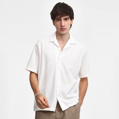 Campus Sutra Men Men's Powder White Rhombus-Texture Oversized Shirt