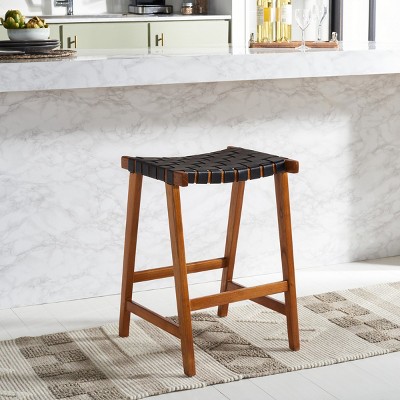Abreu Black Woven Leather and Natural Wood Counter Stool