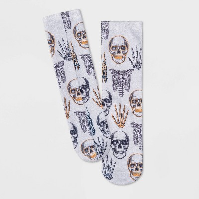 Women's Sparkly Skeleton Print Halloween Crew Socks - Hyde & EEK! Boutique™ White 4-10