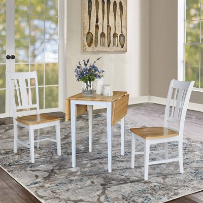 Elegant White/Natural Solid Parawood Dual Drop Leaf Table and 2 Chairs Set