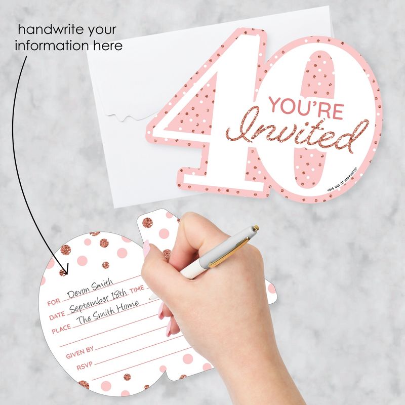 Big Dot of Happiness 40th Pink Rose Gold Birthday - Shaped Fill-In Invitations - Happy Birthday Party Invitation Cards with Envelopes - Set of 12, 2 of 8